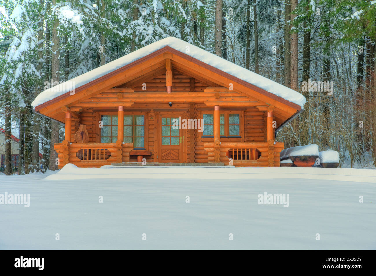 Wooden cottage in snowy forest in winter Stock Photo