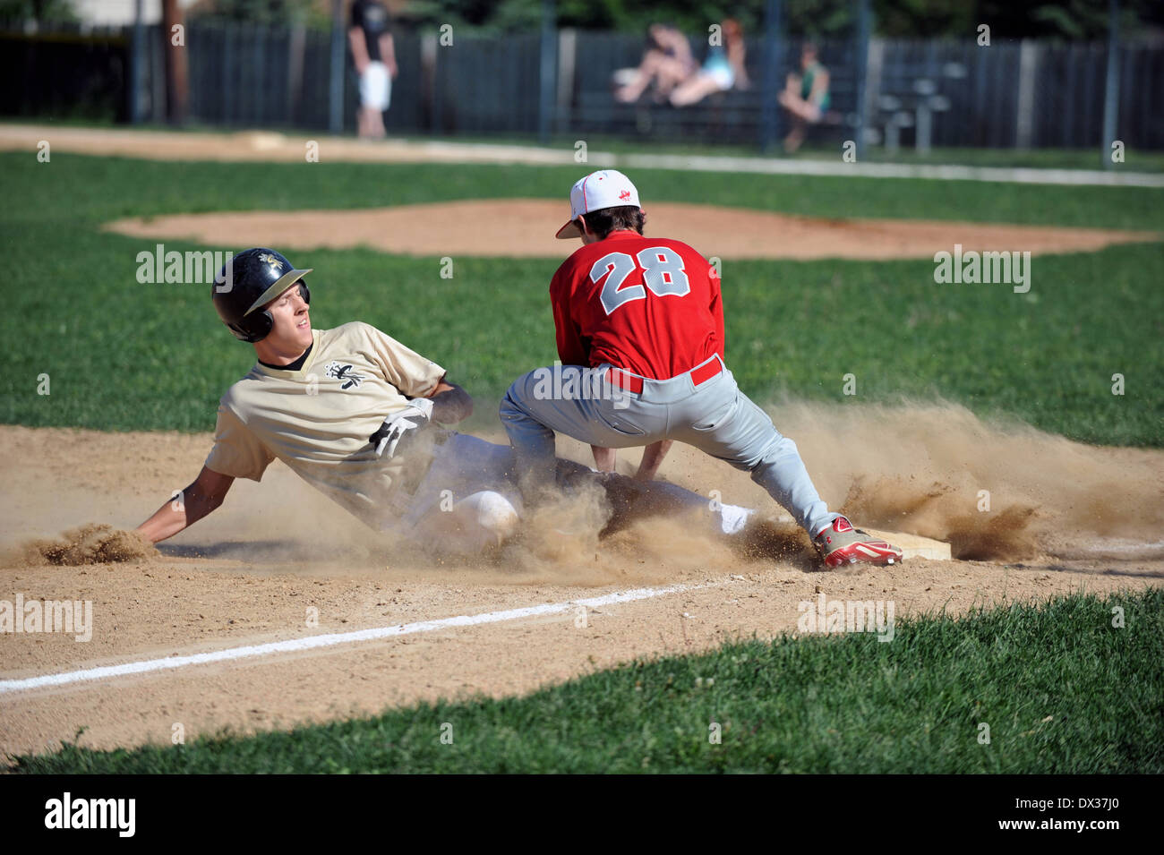 Sport Baseball Runner attempting a steal of third base outed Streamwood Illinois Stock Photo
