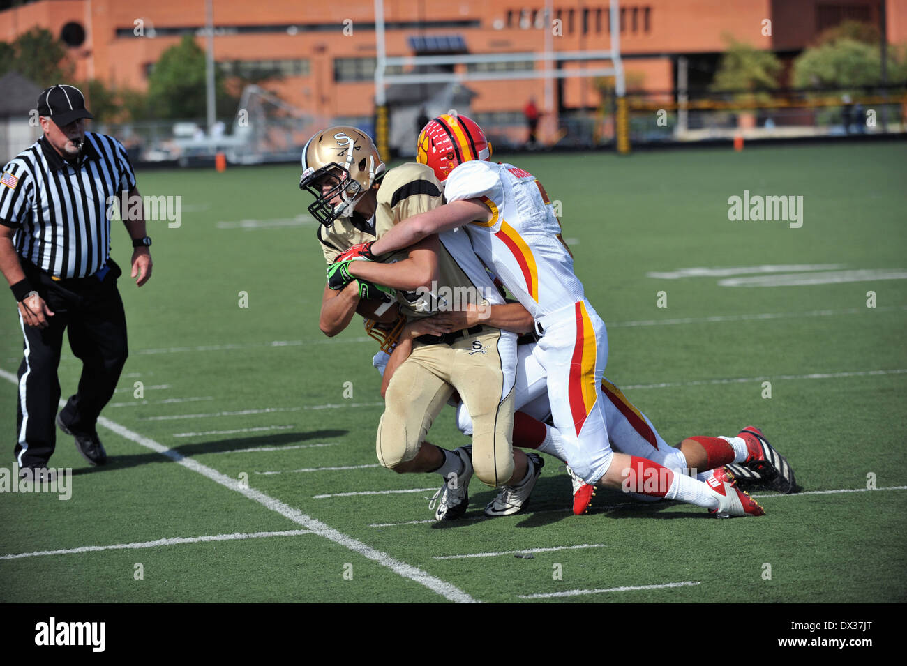 Sport Football Wide receiver tackled down out of bounds by a pair of defenders. USA. Stock Photo
