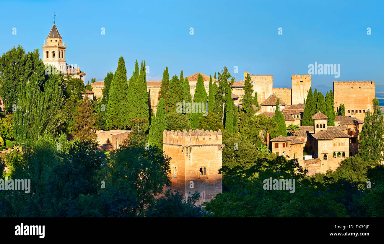 View of the Moorish Islamic Alhambra Palace complex and fortifications