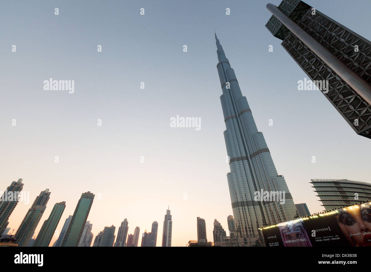Wide angle view of the Burj Khalifa building at dusk, Dubai, UAE, United Arab Emirates Middle East Stock Photo