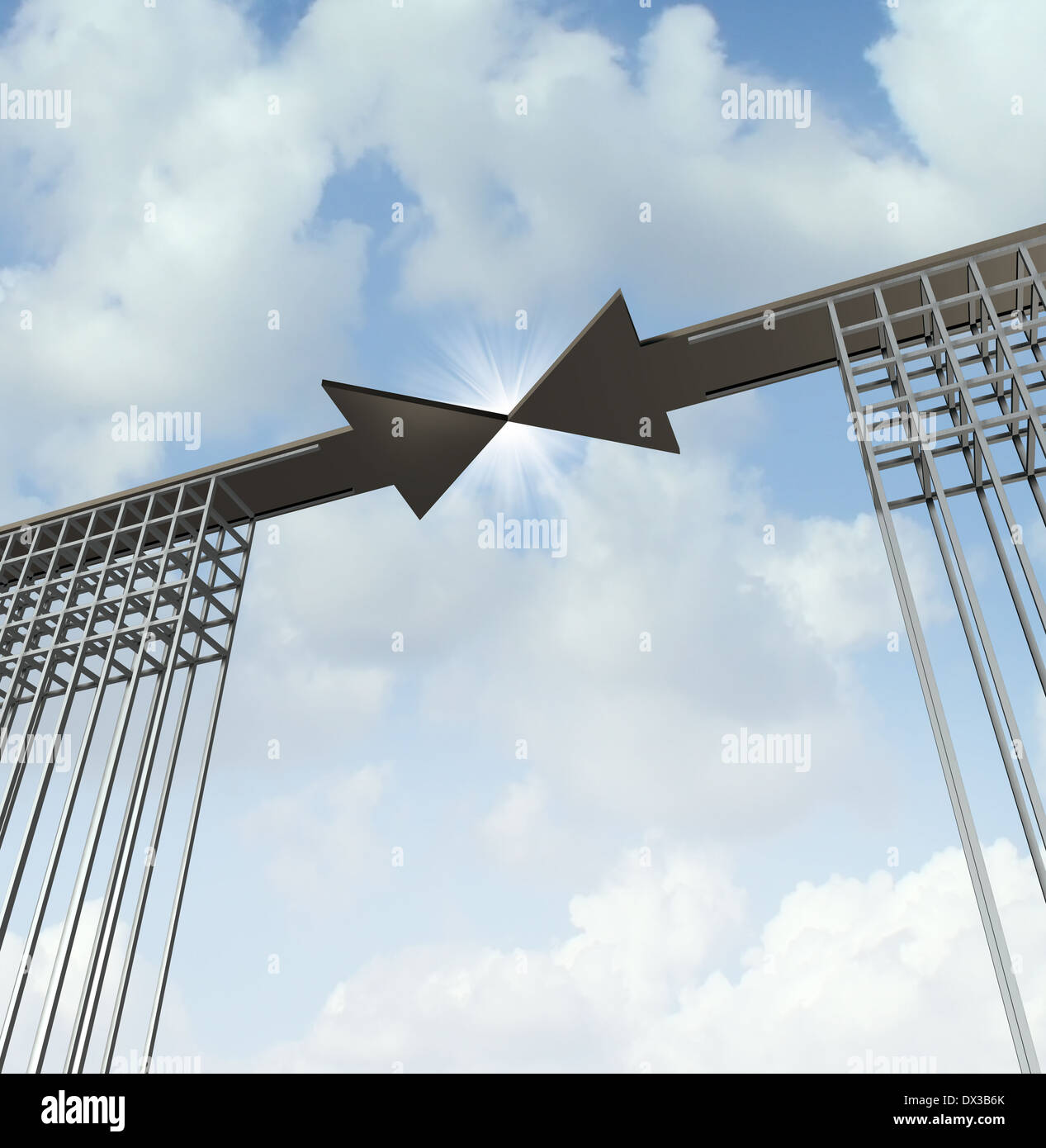 Business meeting concept as a top level agreement metaphor with two arrow shaped roads on bridges coming together in a global partnership and to create a new financial trade path to success between two leaders. Stock Photo
