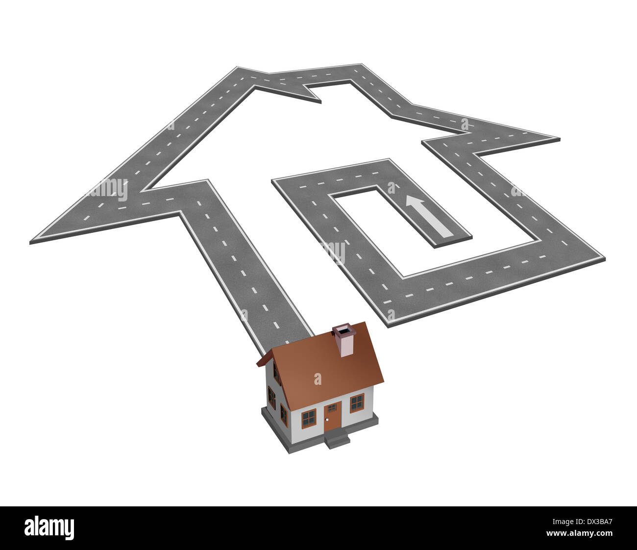 Home search for a dream house concept as a road shaped as a house leading to a family residence as a symbol for real estate serv Stock Photo