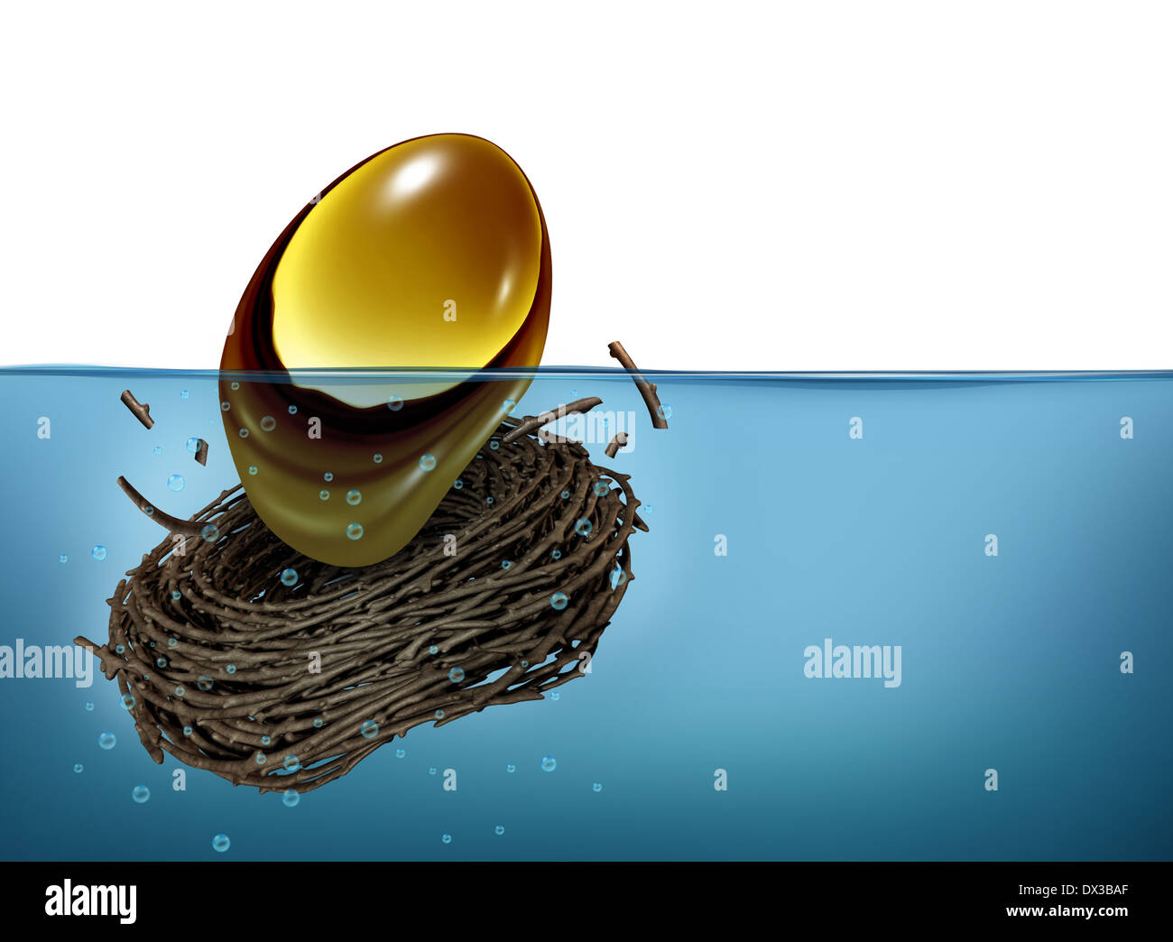 Nest Egg crisis financial concept as a golden oval and nesting bird twigs falling into water as a metaphor of finance debt trouble and savings loss due to bad business and personal budget investing or economical problems on a white background. Stock Photo