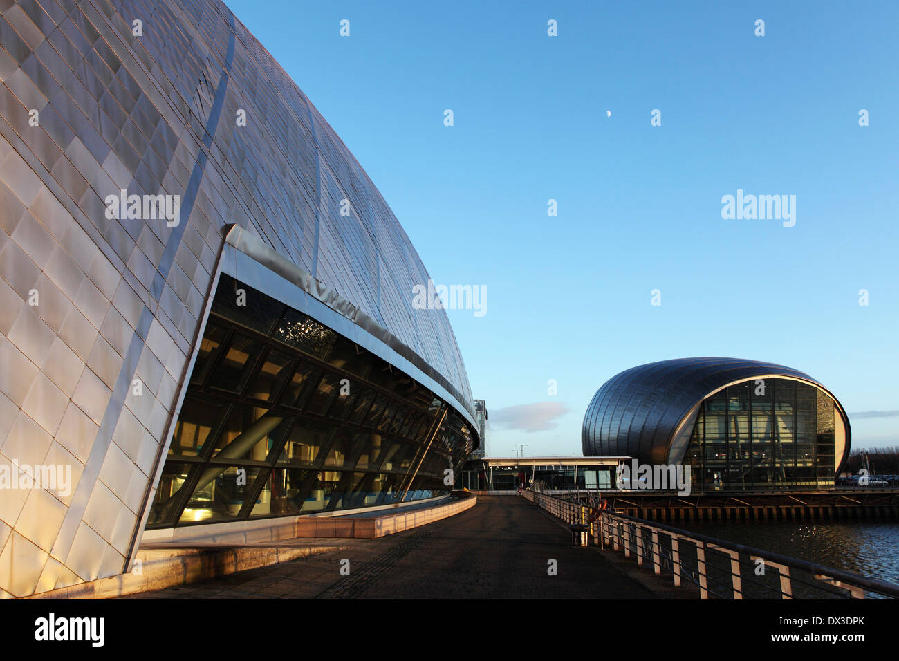 The metallic facade of the Imax Cinema in Glasgow, Scotland. It stands in by the Glasgow Science Centre. Stock Photo