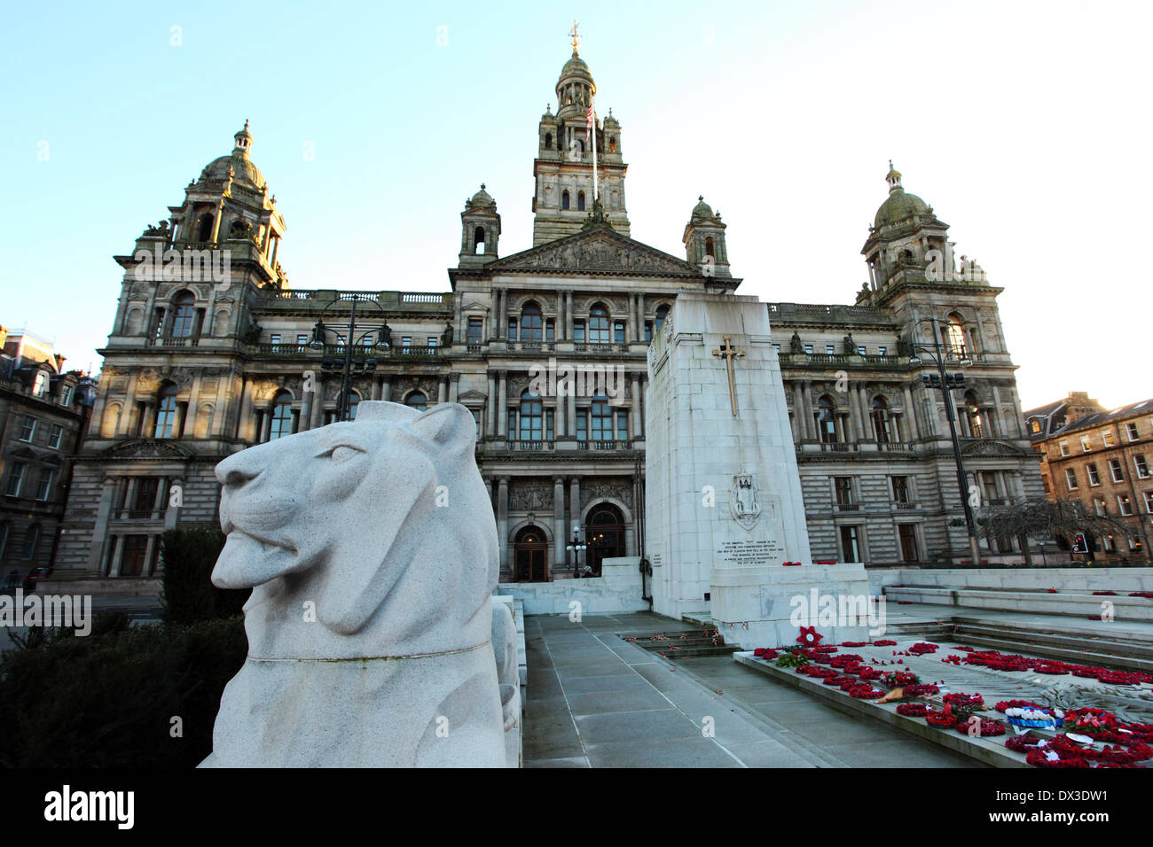 Lion sculpture and War Memorial on Square in Glasgow, Scotland