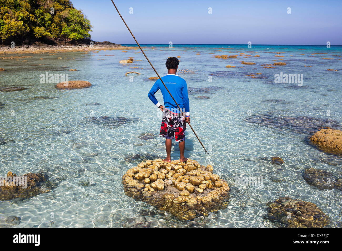 Ko Surin, Thailand. 1st Mar, 2014. HOOK, an indigenous Moken man, holds a  three-pronged throwing spear and searches for fish in the waters of Ko  Surin National Park. (Credit Image: © Taylor