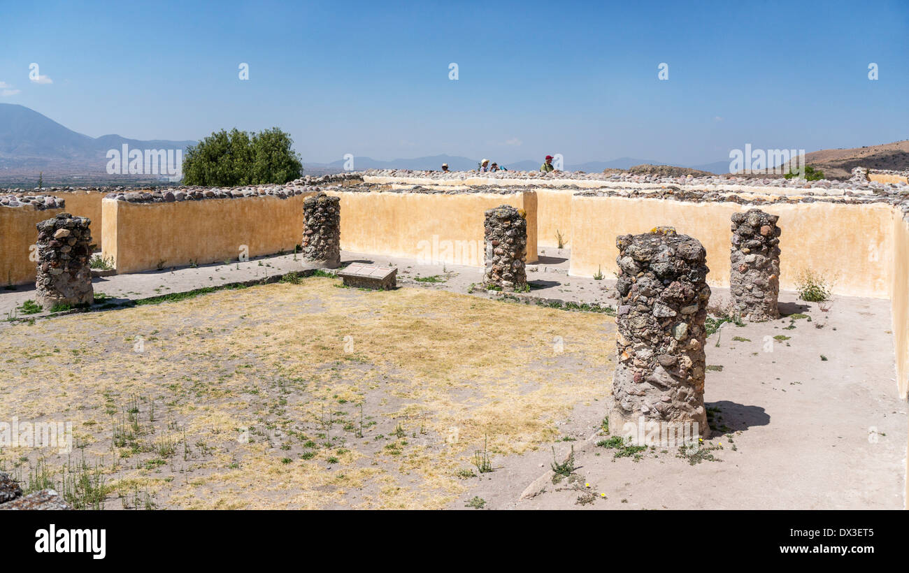 looking southwest across Patio E with 6 stone pillars in the Palace of 6 Patios in ruins of ancient city of Yagul Oaxaca State Stock Photo