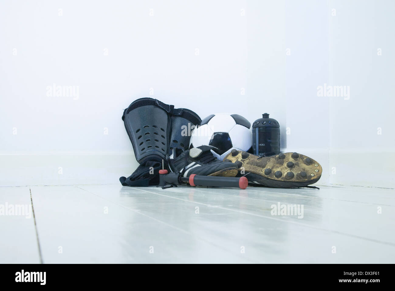 Football equipment, boots,shin pads,football,water bottle and ball pump