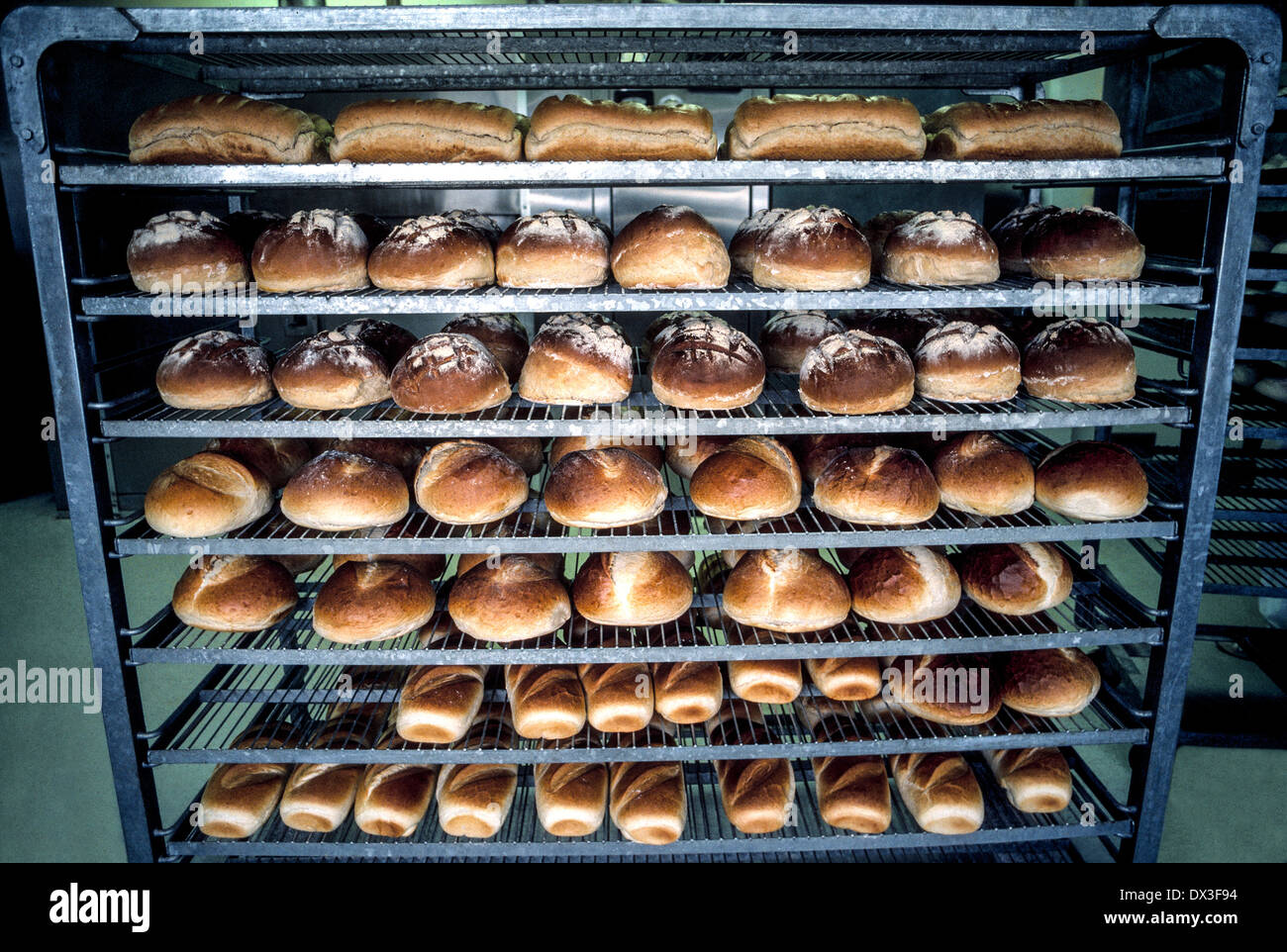 A baker's rack displays hotfromthe oven loaves of some of the 20