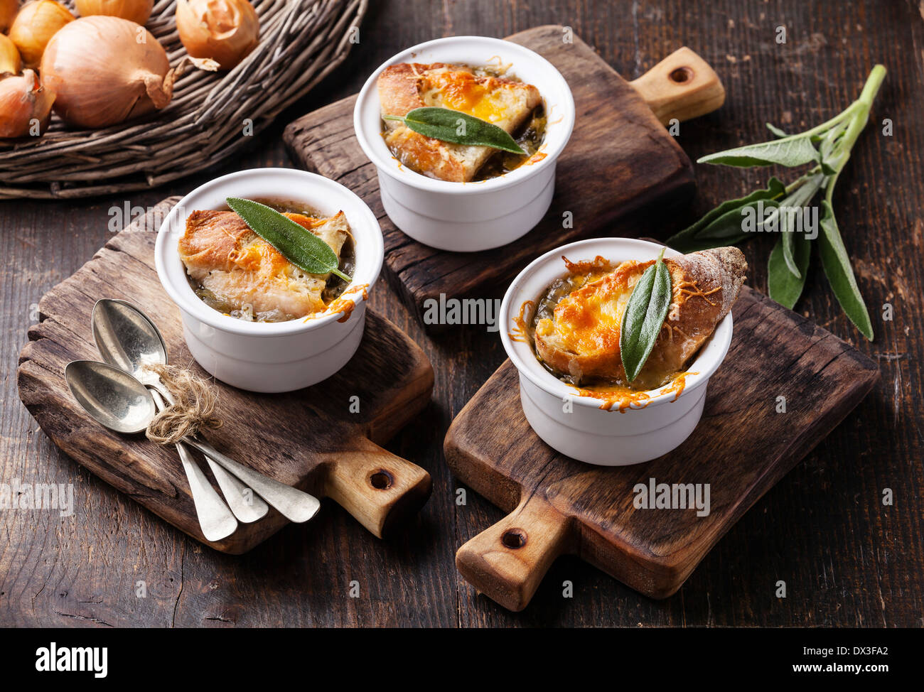 Onion soup with dried bread, sage and cheddar cheese Stock Photo