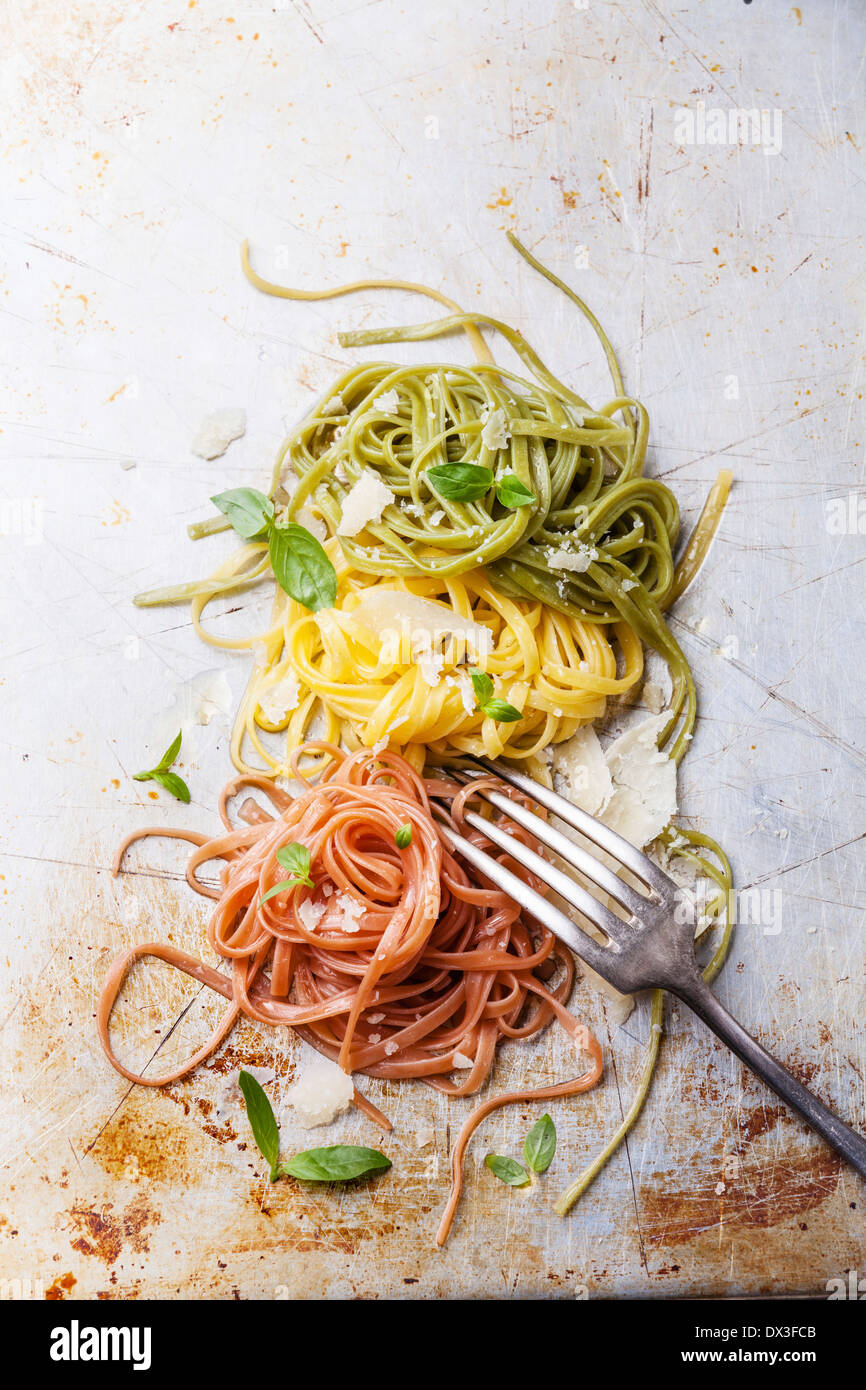 Italian pasta Italian flag colors with basil and parmesan Stock Photo