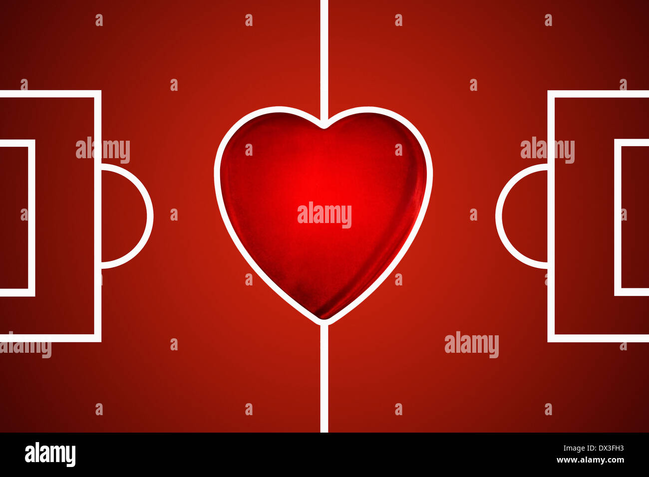 digitally illustrated red football pitch with a love heart as the centre circle Stock Photo