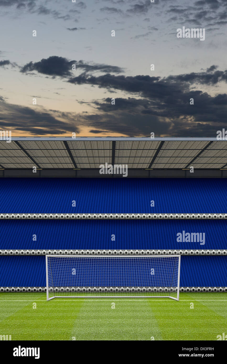 real grass,football goal posts and sunset sky with a computer generated