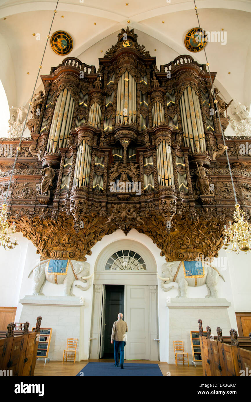 The organ facade in Vor Frelsers Kirke - Our Saviours Church, in Copenhagen Denmark Stock Photo