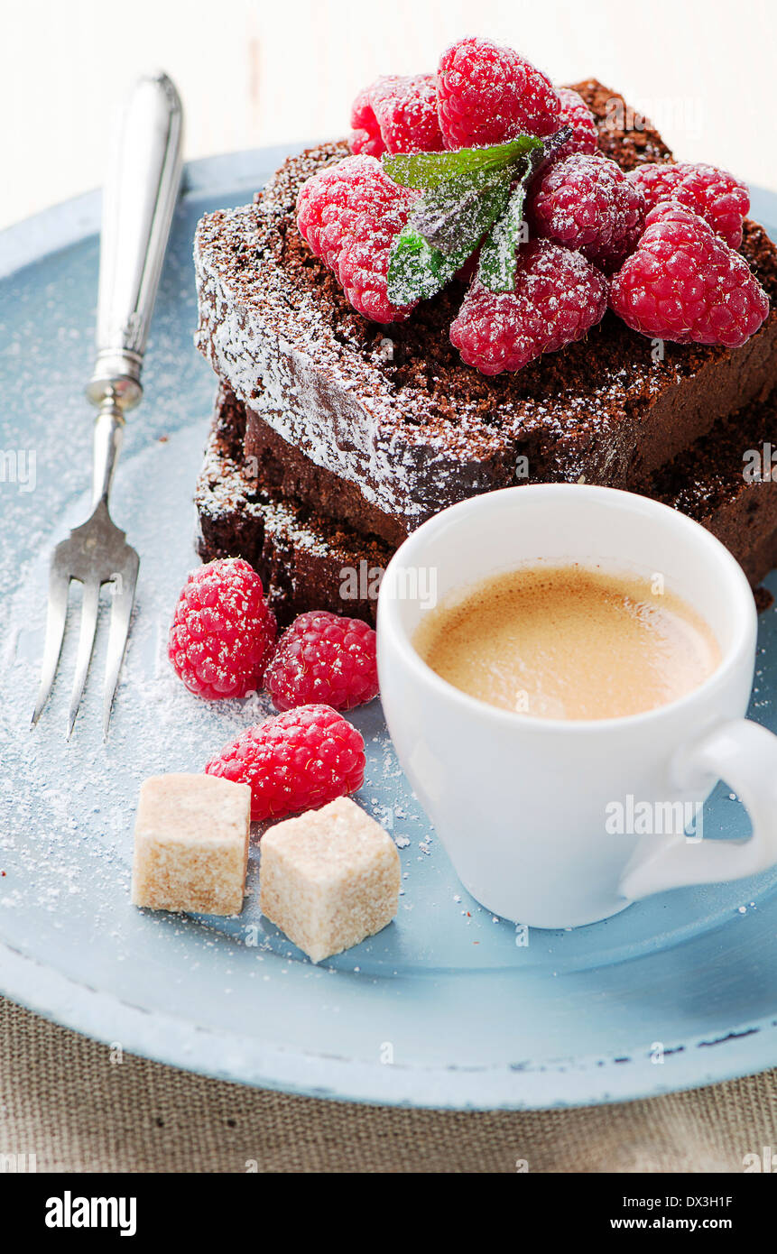 Chocolate cake with summer berries and coffee. Stock Photo