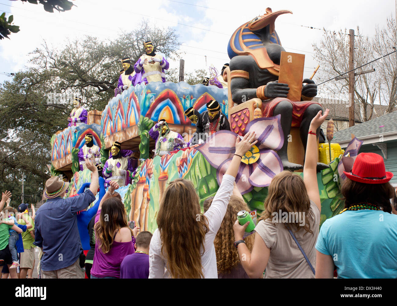 Egyptian cobra-themed float in a New Orleans Mardi Gras parade. Stock Photo
