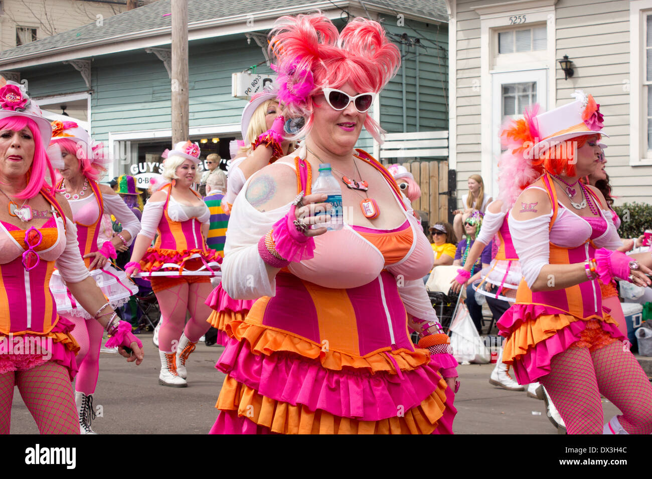 The Pussyfooters marching group strutting in a New Orleans parade. Stock Photo