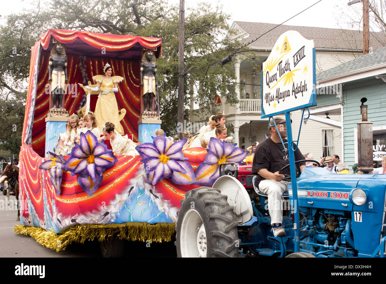 Queen of Thoth on her parade float in Uptown New Orleans Stock Photo