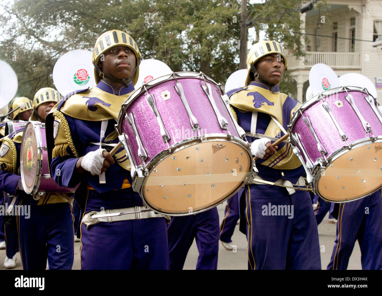 St. Augustine marching band in a Mardi Gras parade, New Orleans, LA. Stock Photo