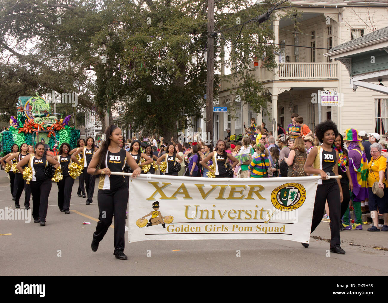 Xavier University marching band performing in a Mardi Gras parade, New Orleans. Stock Photo