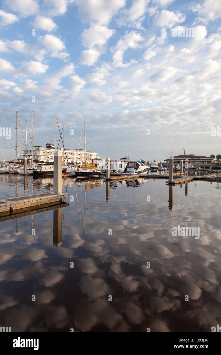 Fluffy white clouds (Altocumulus floccus) reflected in the dark water of the Fernandina Beach harbor and boat docks, USA. Stock Photo