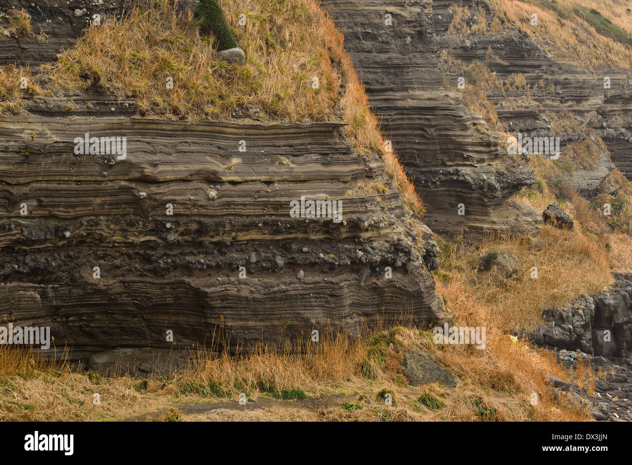 Depositional Structures in Suwolbong volcaniclastic deposits in Jeju Island Stock Photo