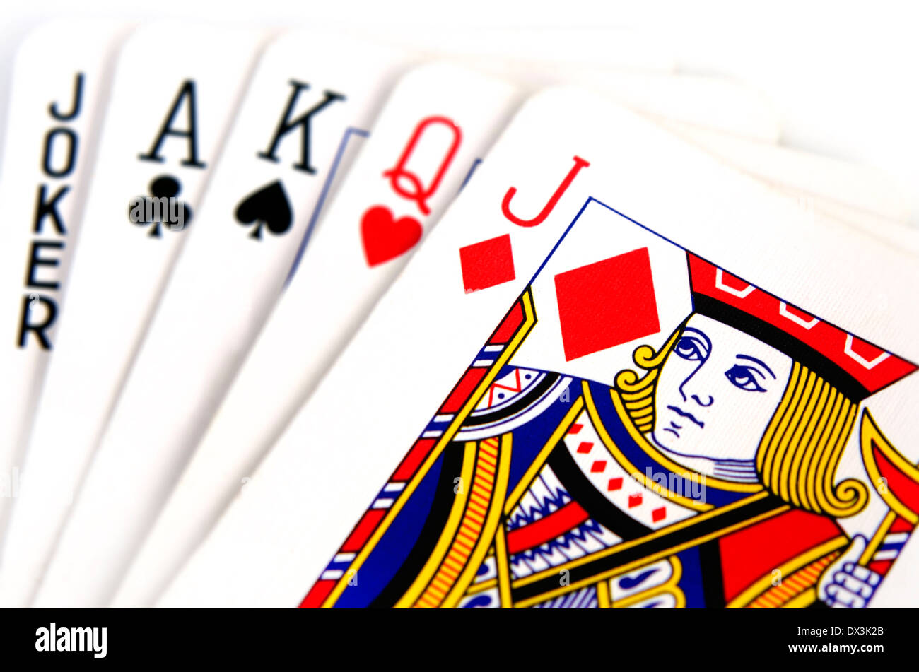 Face cards of Jack, Queen, King, Ace and Joker on white Stock ...