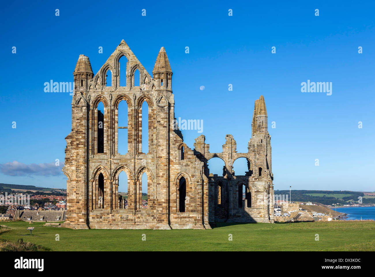 Moon over Whitby Abbey, North Yorkshire. Stock Photo