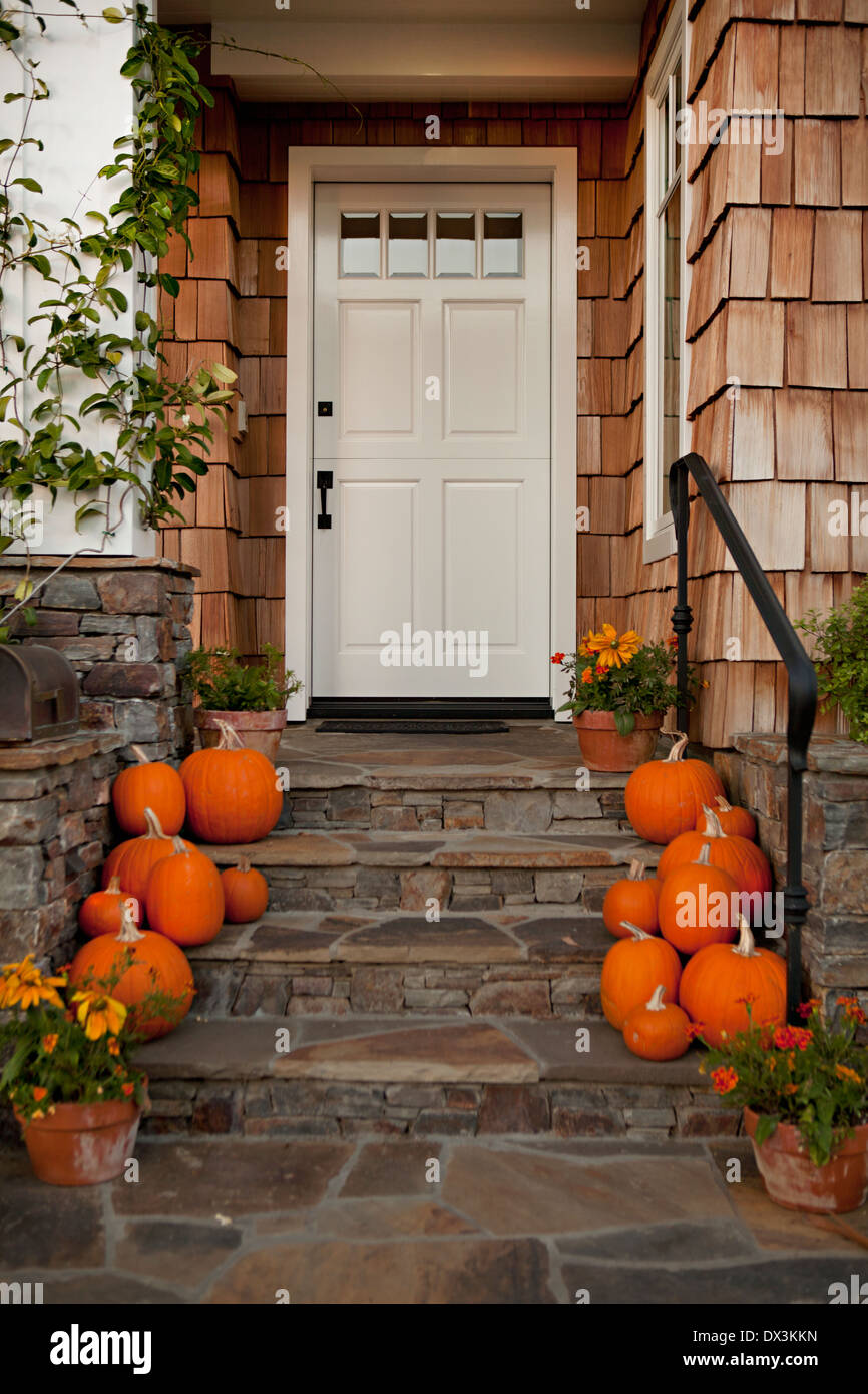 Autumn pumpkins and flowers in flowerpots lining steps of front stoop Stock Photo