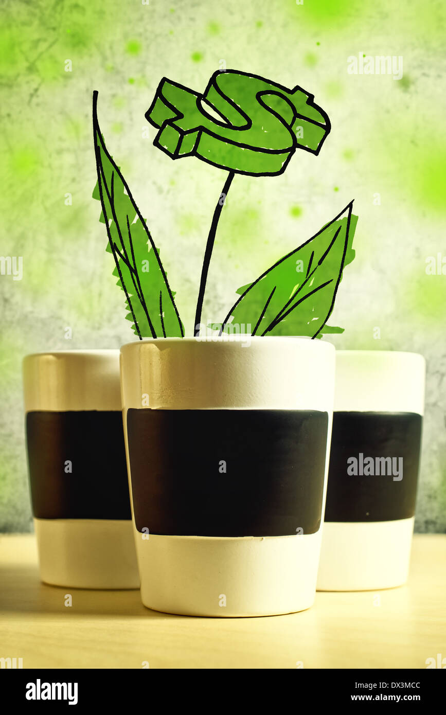 Growing dollars in flower pot, conceptual image of mixed content - photography and illustration. Stock Photo
