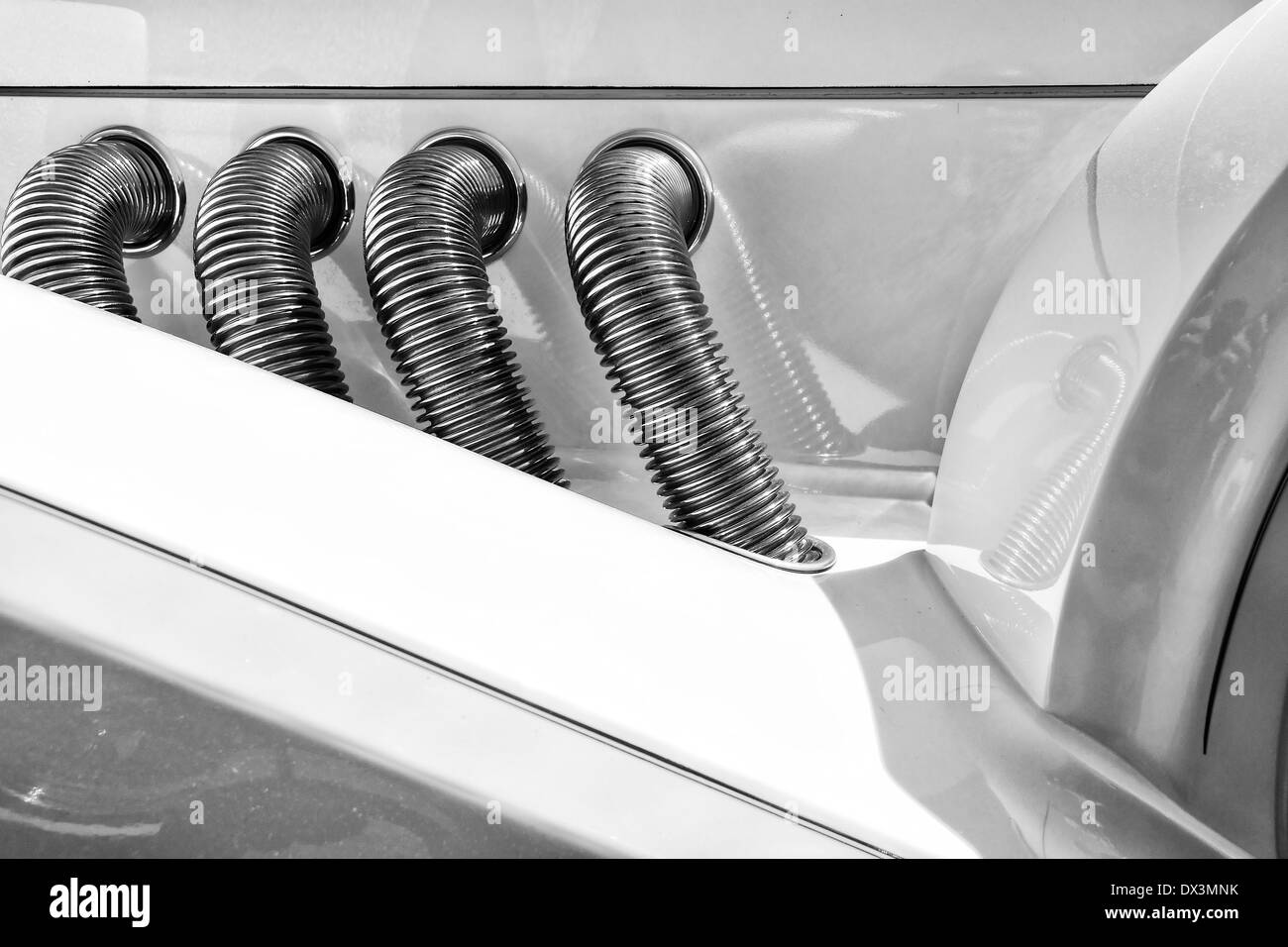 Car exhaust manifold. Black and white. Stock Photo