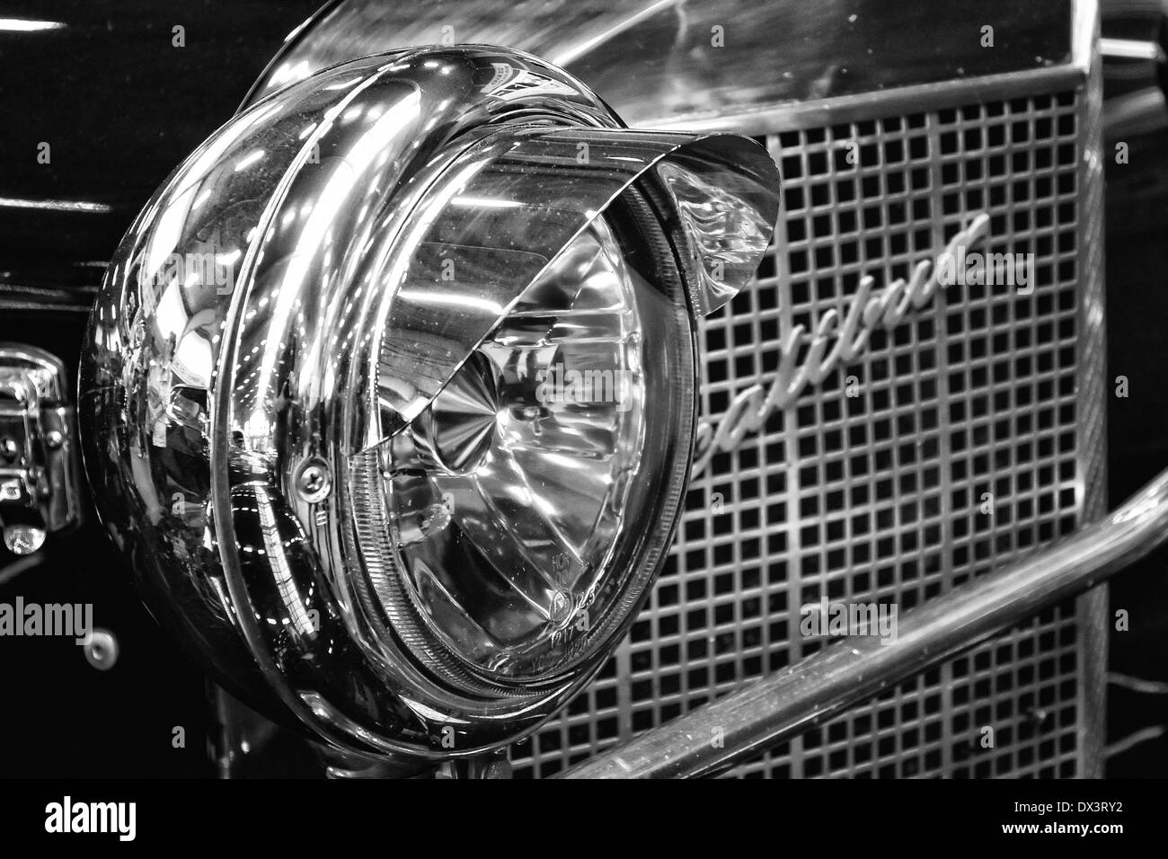 The Excalibur Series IV Roadster, black and white, close-up Stock Photo