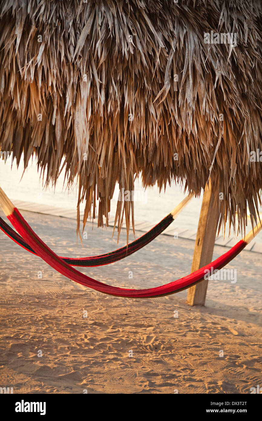 Hammocks hanging under palapa on sunny beach, tilt Stock Photo