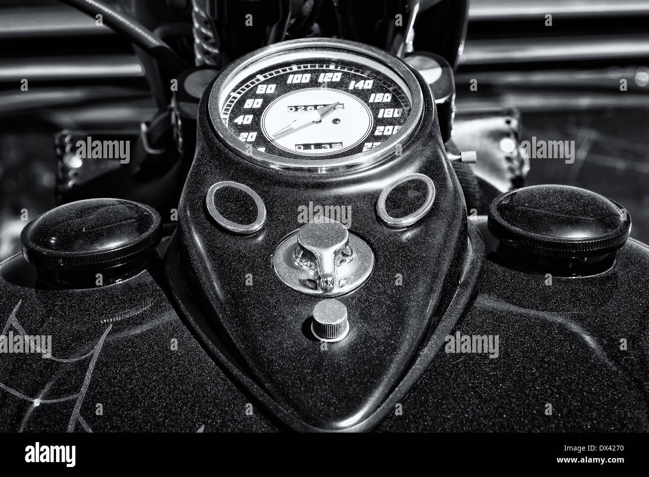 The dashboard and fuel tank motorcycle Harley Davidson Custom Chopper, black and white Stock Photo