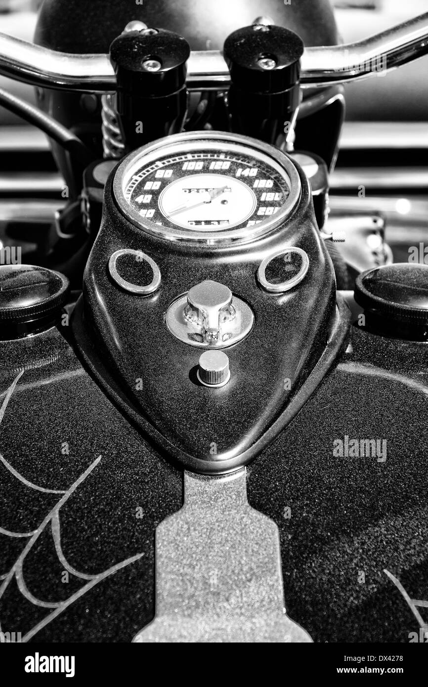 The dashboard and fuel tank motorcycle Harley Davidson Custom Chopper, black and white Stock Photo