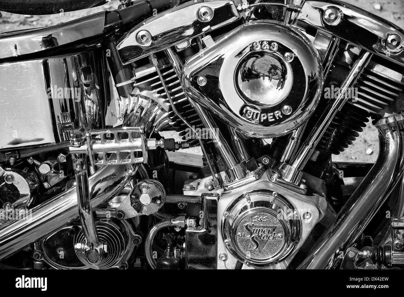 Motorcycle Engine Harley Davidson Custom Chopper, black and white Stock Photo