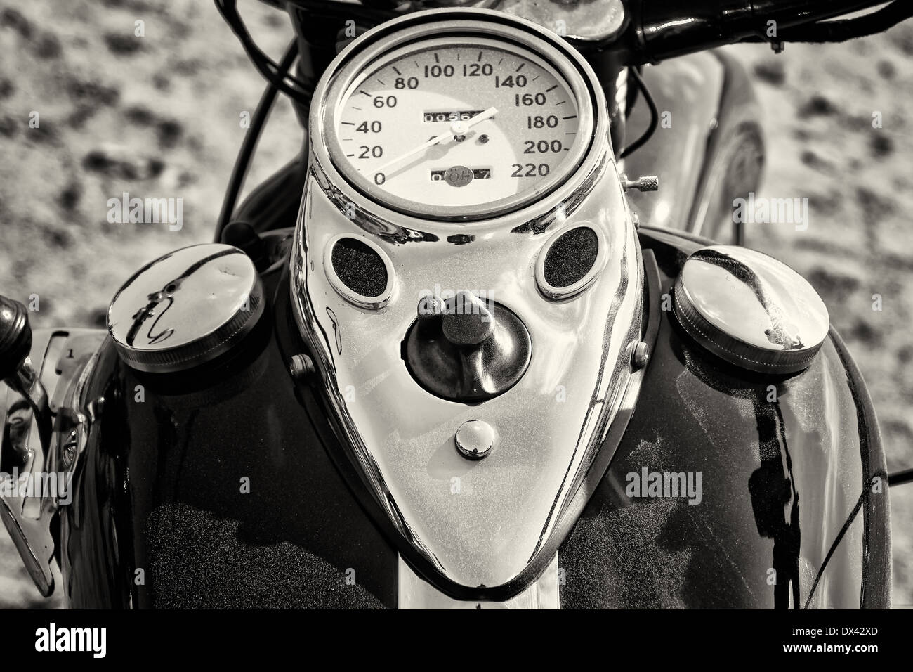 The dashboard and fuel tank motorcycle Harley Davidson, black and white Stock Photo