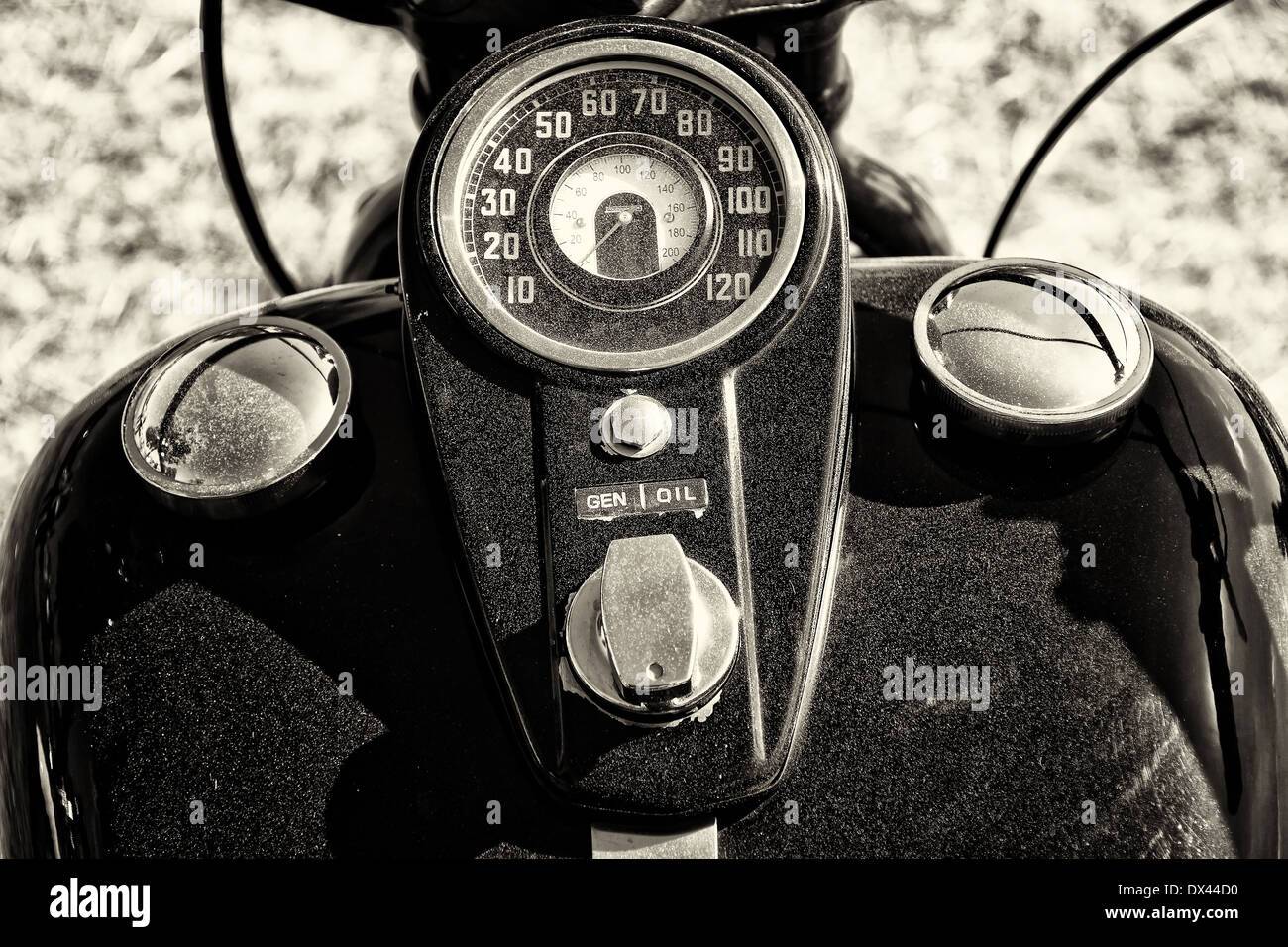 The dashboard and fuel tank motorcycle Harley Davidson, black and white Stock Photo