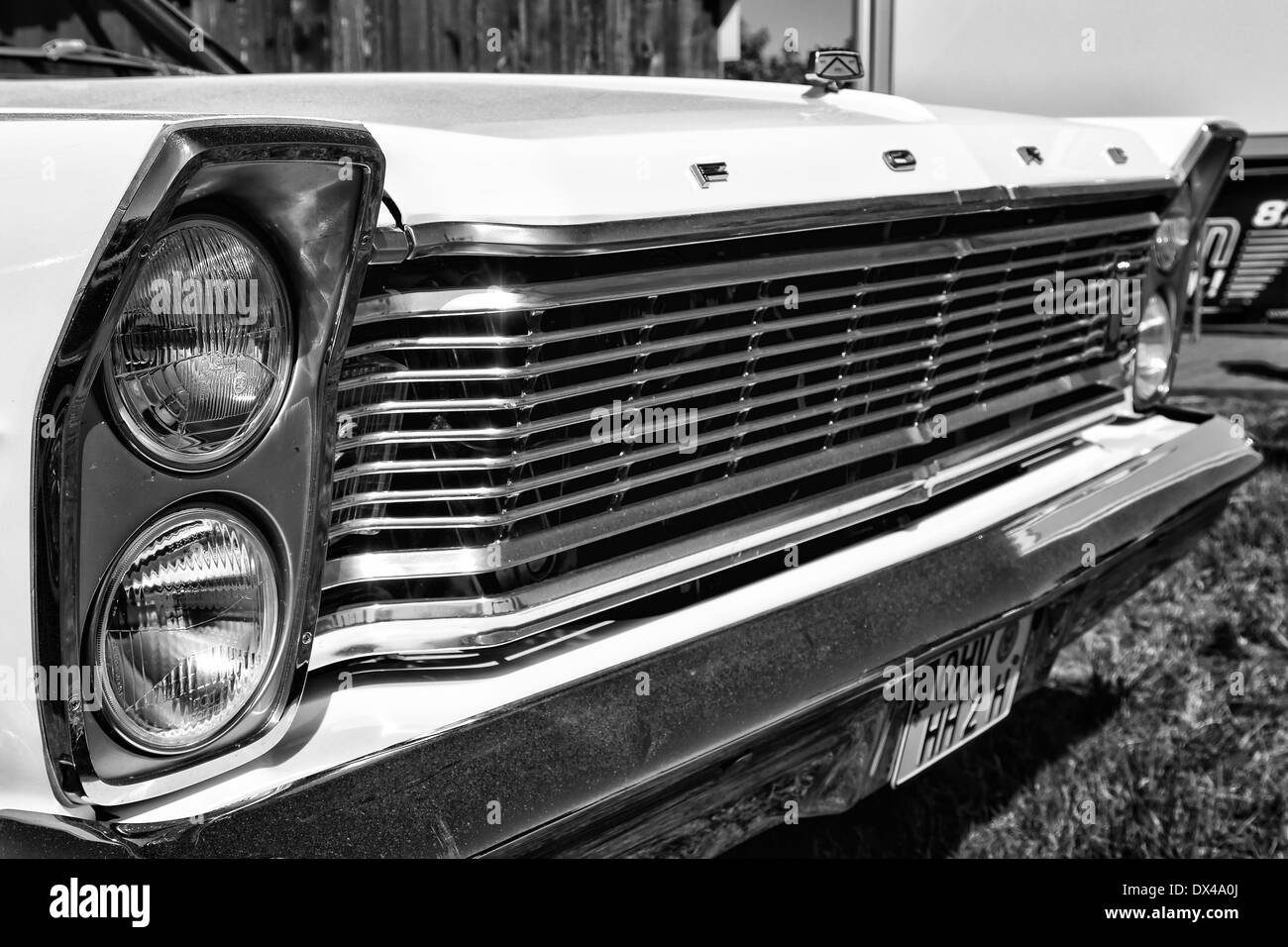 Detail of the front of the full-size car Ford Galaxie 500 (Third generation), black and white Stock Photo