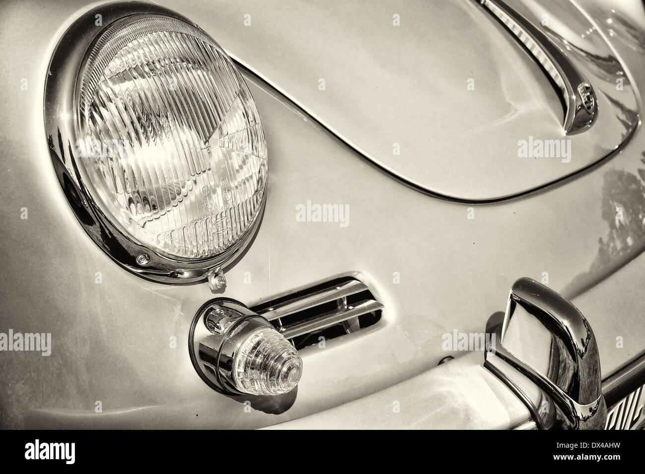Detail of the front of the sports car Porsche 356, black and white Stock Photo