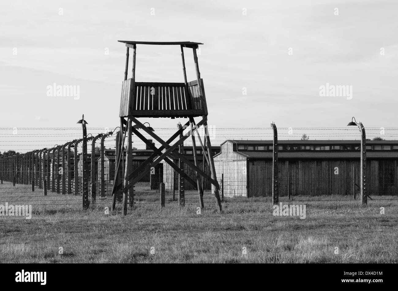 Sentry box at Auschwitz Birkenau concentration camp, Poland Stock Photo