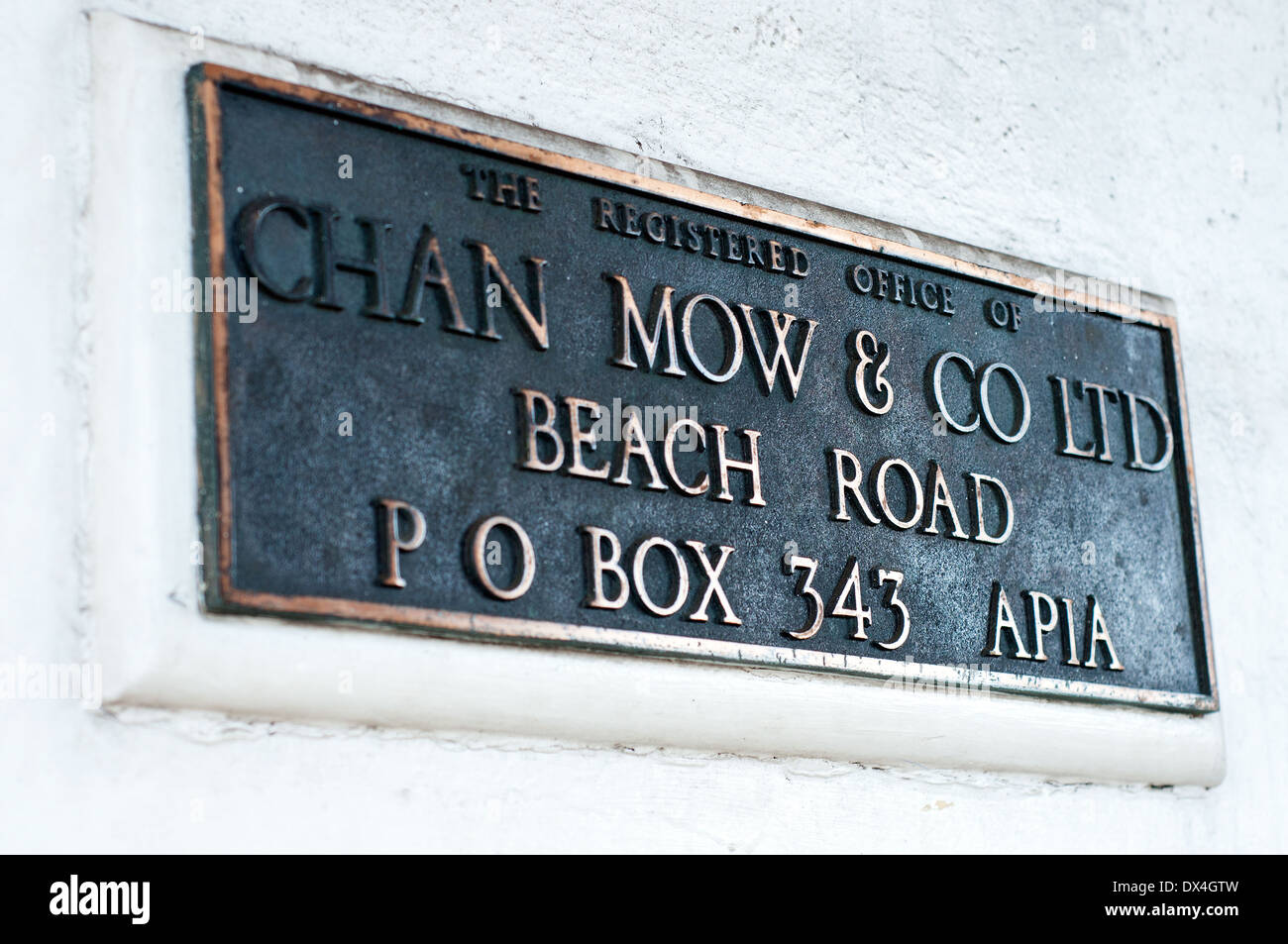 Chan Mow building plaque, town Center, Apia, Samoa Stock Photo