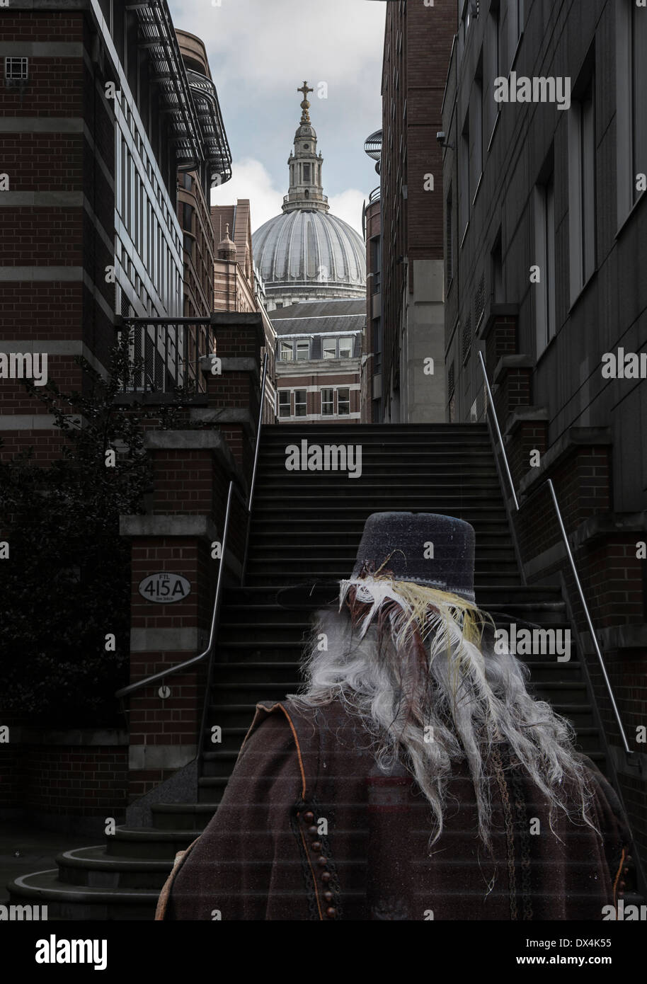 The ghostly figure of a Cavalier climbing stairs to a modern day St Paul's Cathedral. Stock Photo