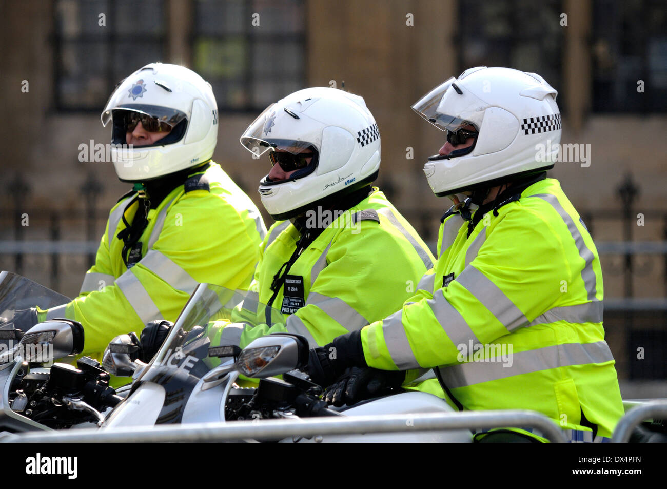 Metropolitan Police motorcyclists of the Special Escort Group accompanying the Royal Family in London Stock Photo
