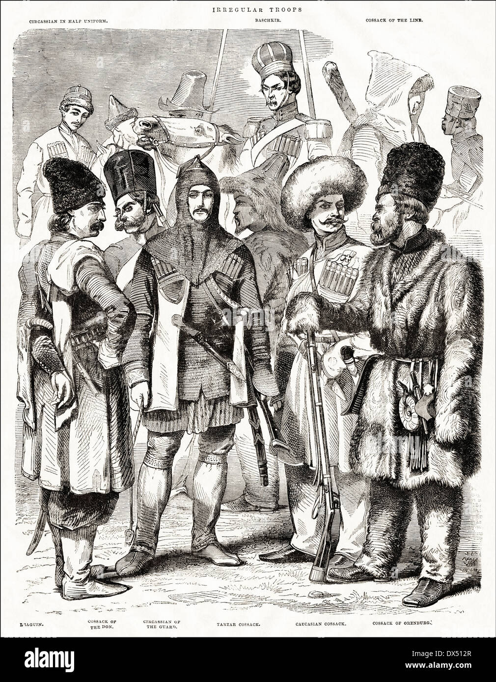 Russian irregular troops that fought during the Crimean War Oct 1853 - Feb 1856. Victorian engraving circa 1854. Stock Photo