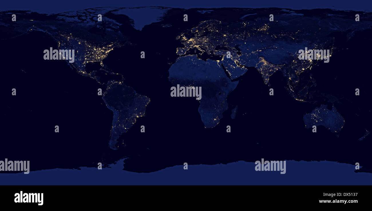 A view from space of the Earth at night assembled from multiple images acquired by the Suomi National Polar-orbiting Partnership satellite over nine days in April 2012 and thirteen days in October 2012. It took 312 orbits and 2.5 terabytes of data to get a clear shot of every parcel of Earth's land surface and islands. The nighttime view of Earth in visible light was made possible by the Òday-night bandÓ of the Visible Infrared Imaging Radiometer Suite. Stock Photo