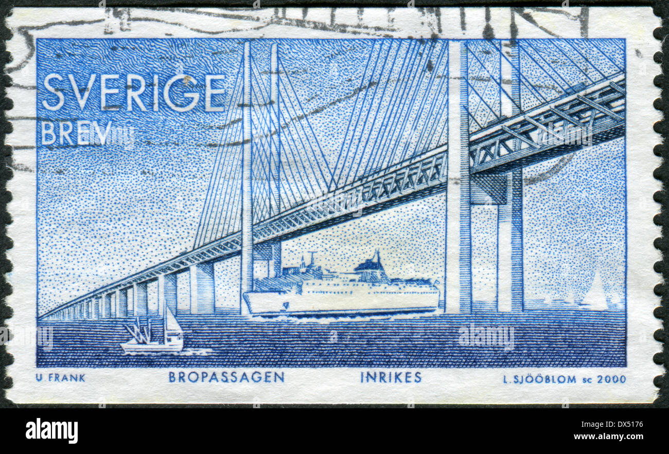 Postage stamp printed in Sweden, Completion of a fixed link between Denmark and Sweden across, shows the Oresund Bridge Stock Photo