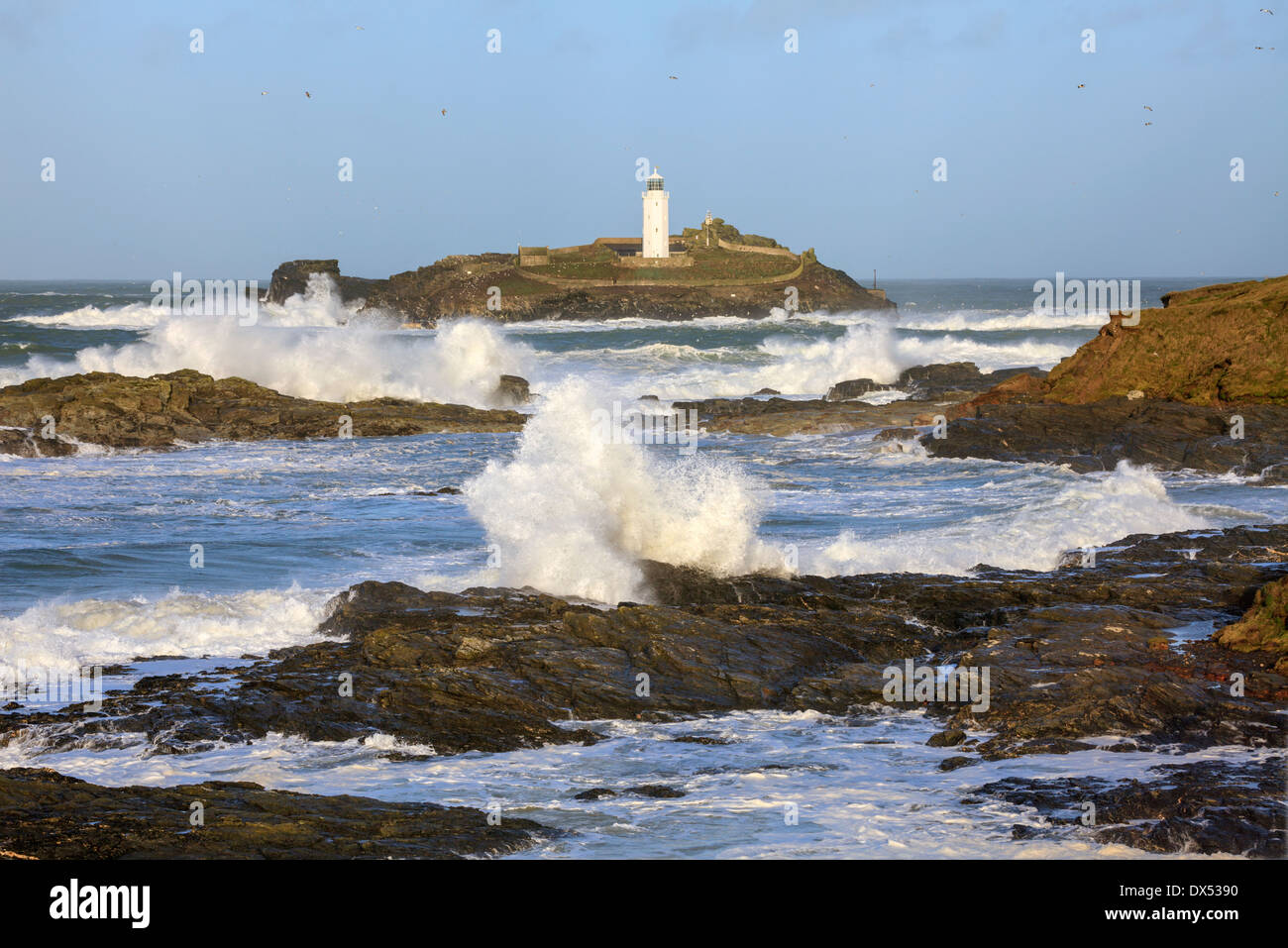 Godrevy Lighthouse captured on a stormy winters afternoon Stock Photo