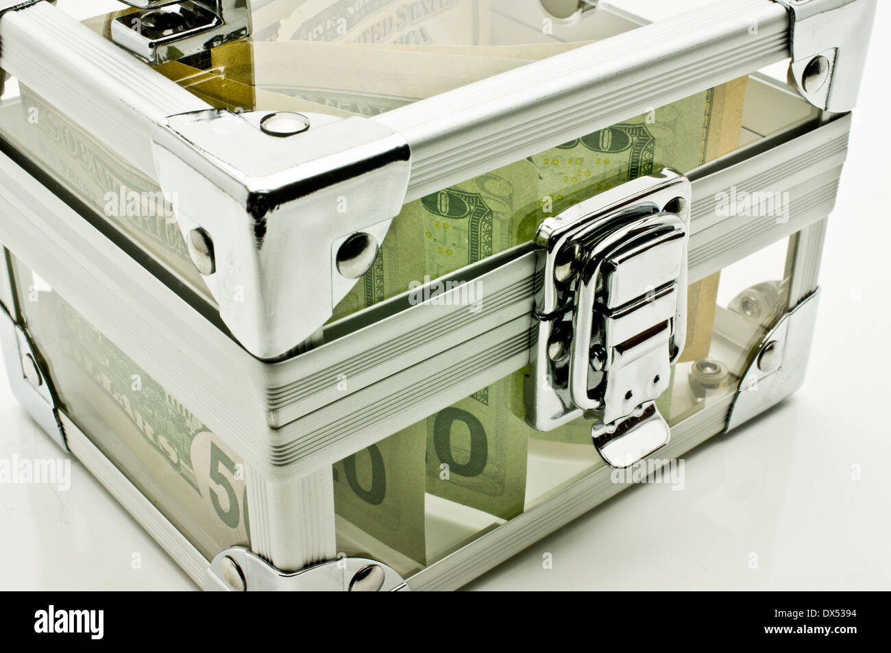 Dollars in a transparent box with a lock Stock Photo